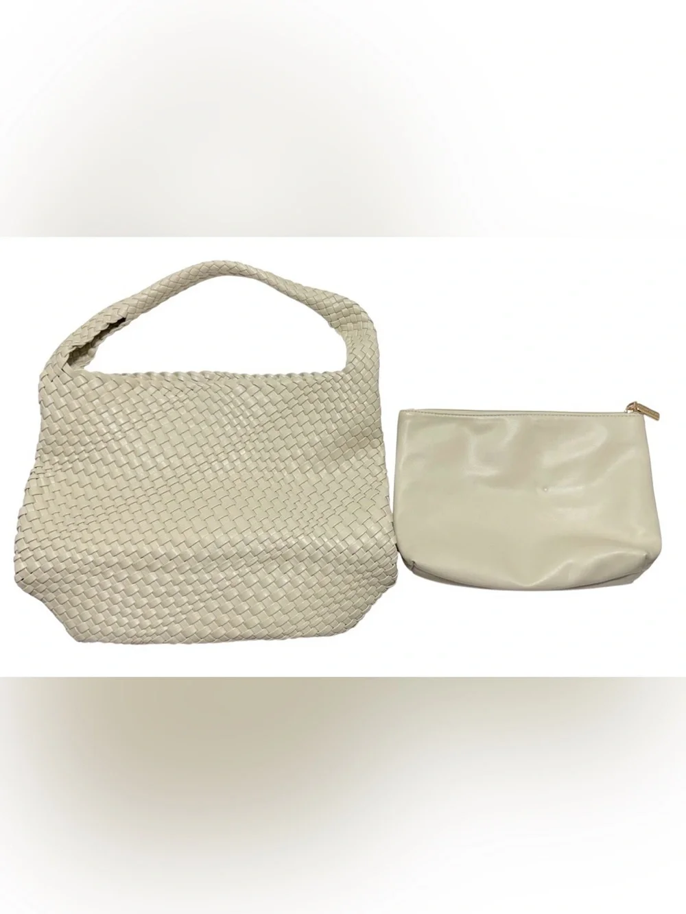 E|N Expressions NYC Beige Woven Hobo Shoulder Bag Oversized Tote w/ Pouch